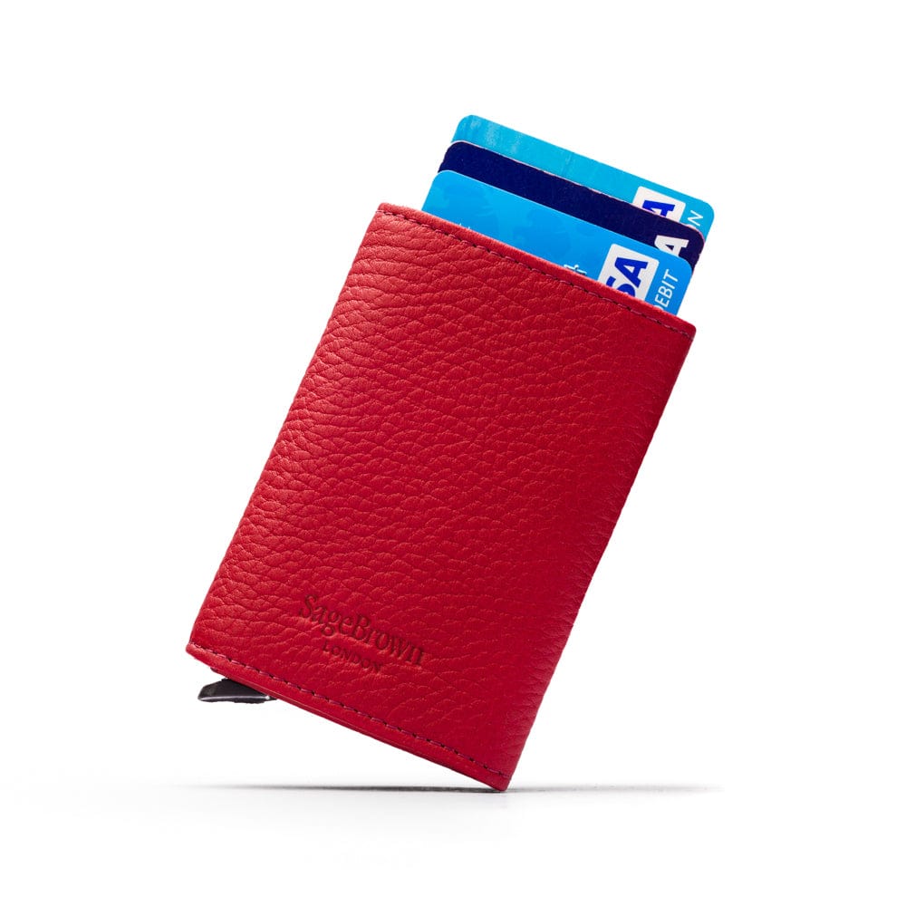 RFID wallet with pop-up credit card case, burgundy, back view