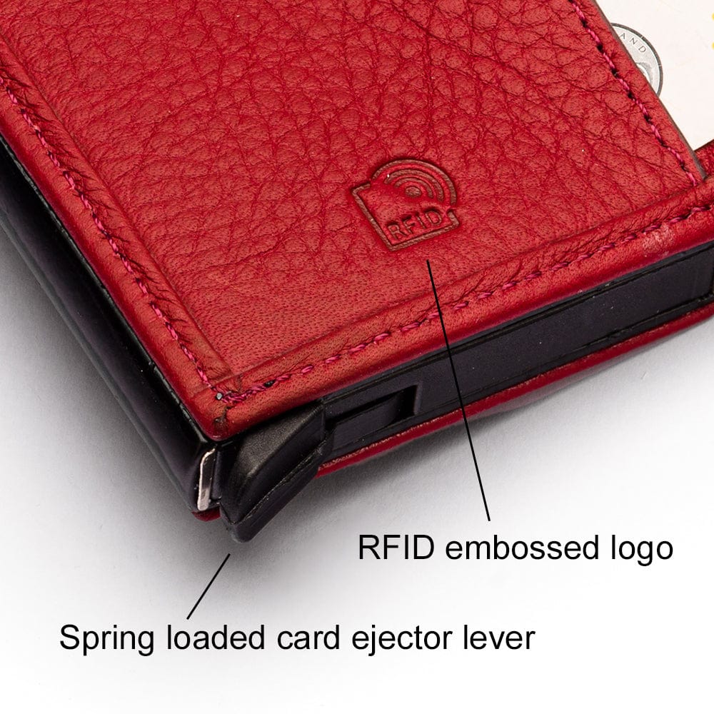 RFID wallet with pop-up credit card case, burgundy, close up view