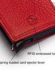 RFID wallet with pop-up credit card case, burgundy, close up view