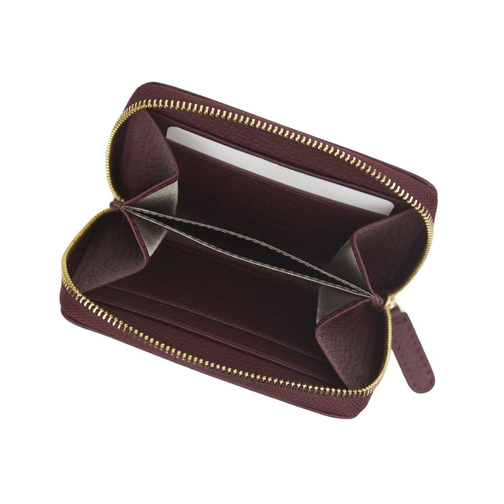 Small leather zip around coin purse, burgundy, open