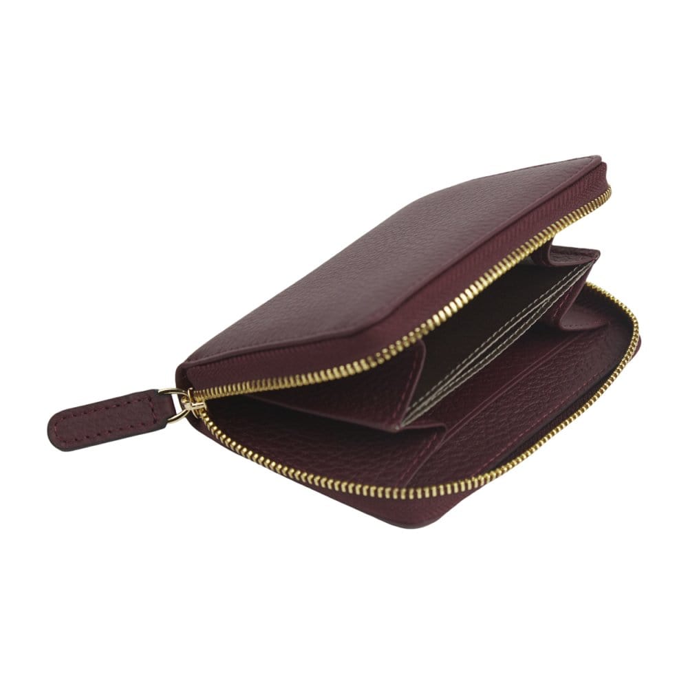 Small leather zip around coin purse, burgundy, interior