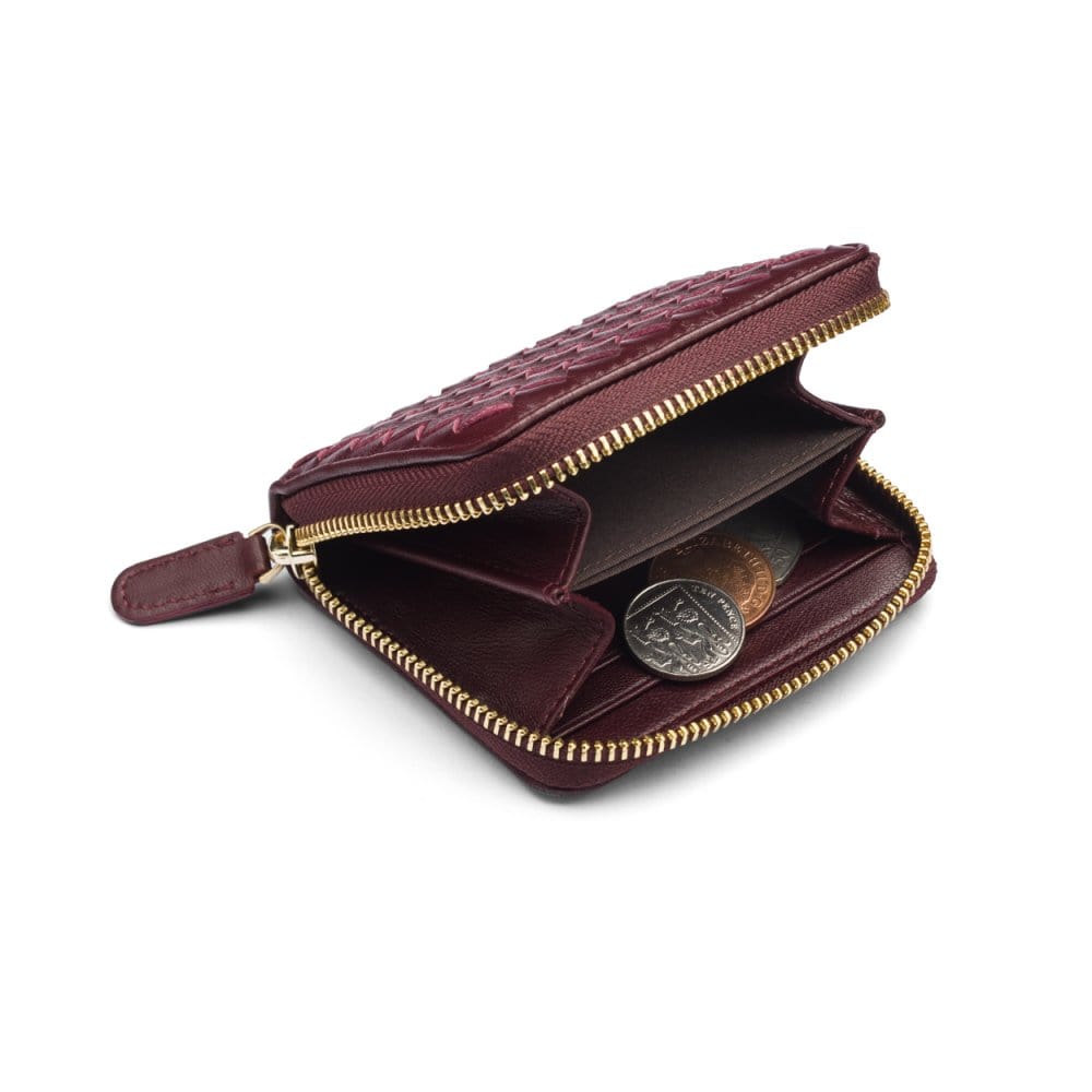 Small zip around woven leather accordion purse, burgundy, inside