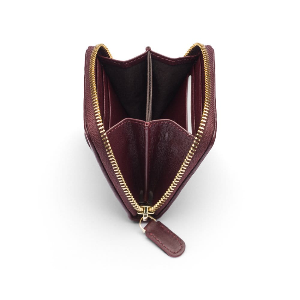Small zip around woven leather accordion purse, burgundy, interior