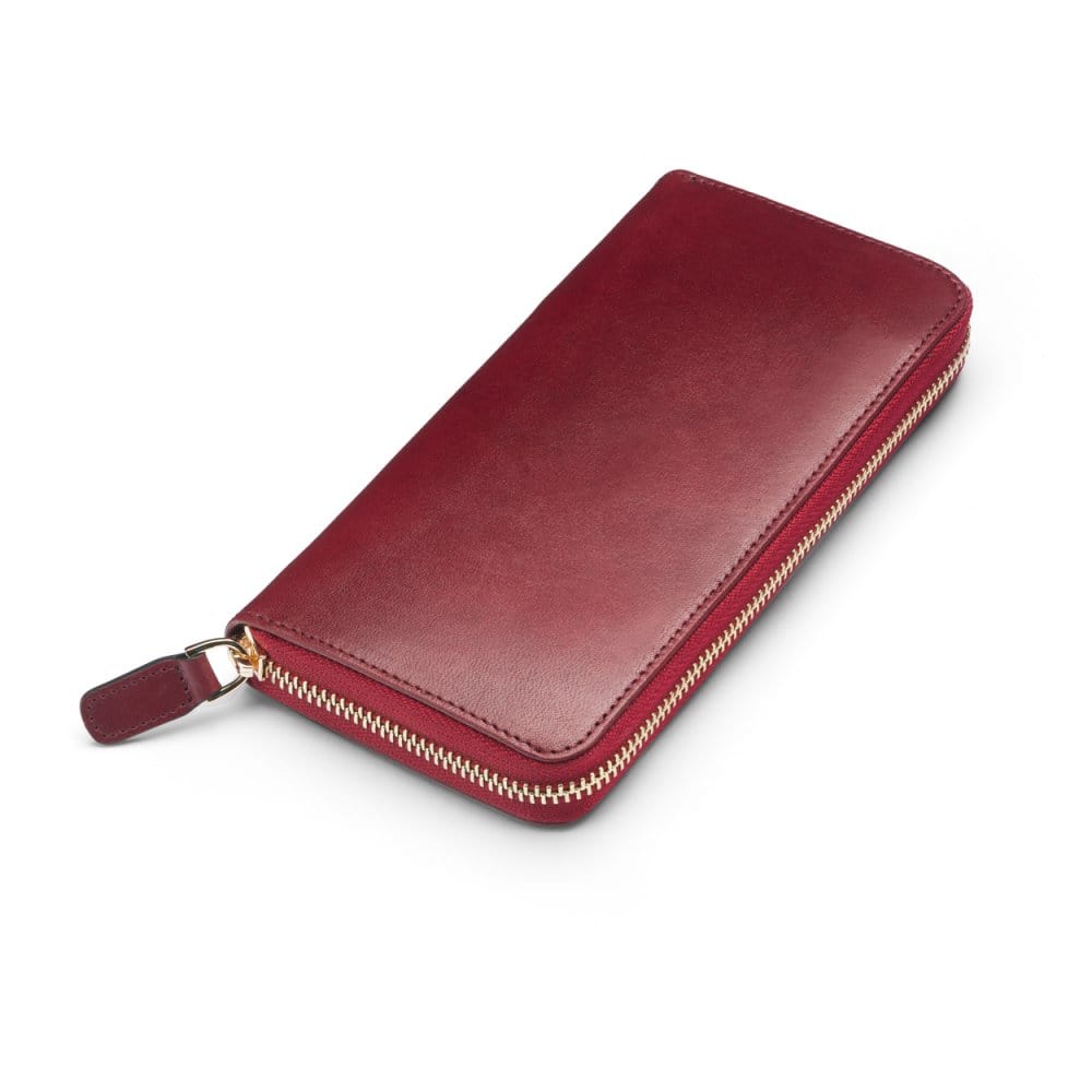 Tall leather zip around accordion purse, burgundy croc, front