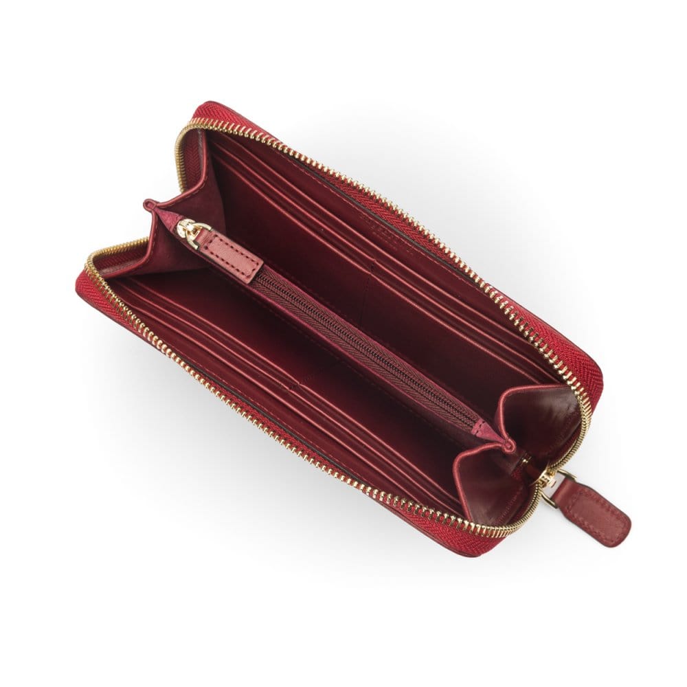 Tall leather zip around accordion purse, burgundy croc, inside