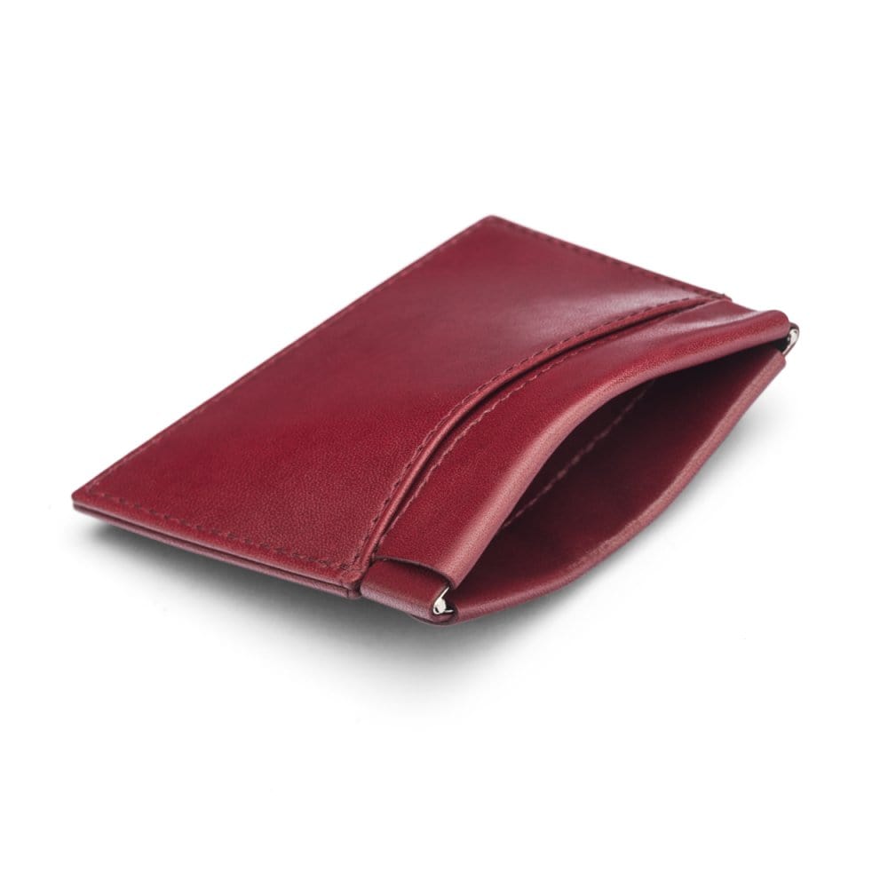 Leather squeeze spring coin purse, burgundy, open
