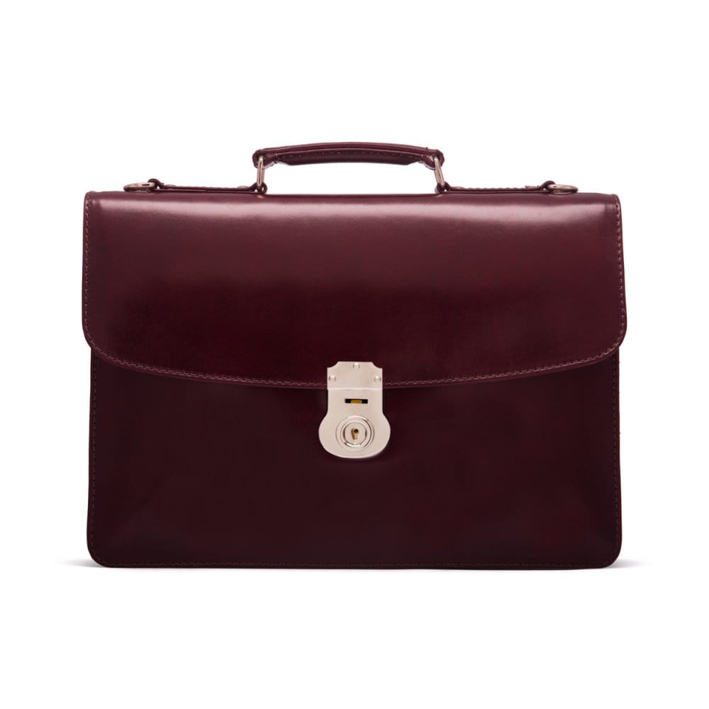 Leather briefcase with silver brass lock, Harvard vintage look, burgundy, front