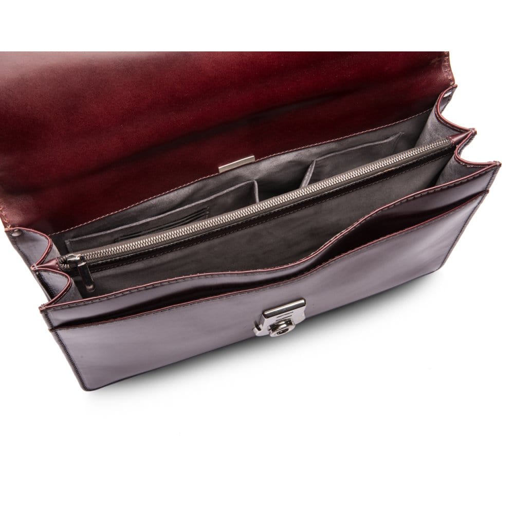 Leather briefcase with silver brass lock, Harvard vintage look, burgundy, inside