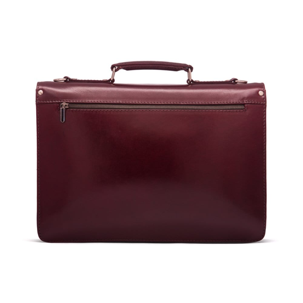 Leather briefcase with silver brass lock, Harvard vintage look, burgundy, back