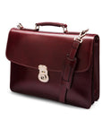 Leather briefcase with silver brass lock, Harvard vintage look, burgundy, side