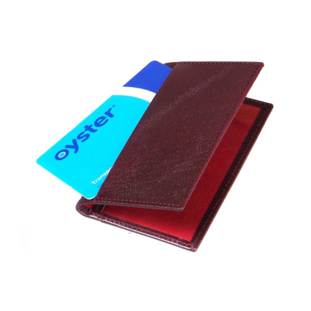 Leather travel card wallet, burgundy, front