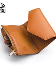 RFID blocking leather envelope purse, camel, open view