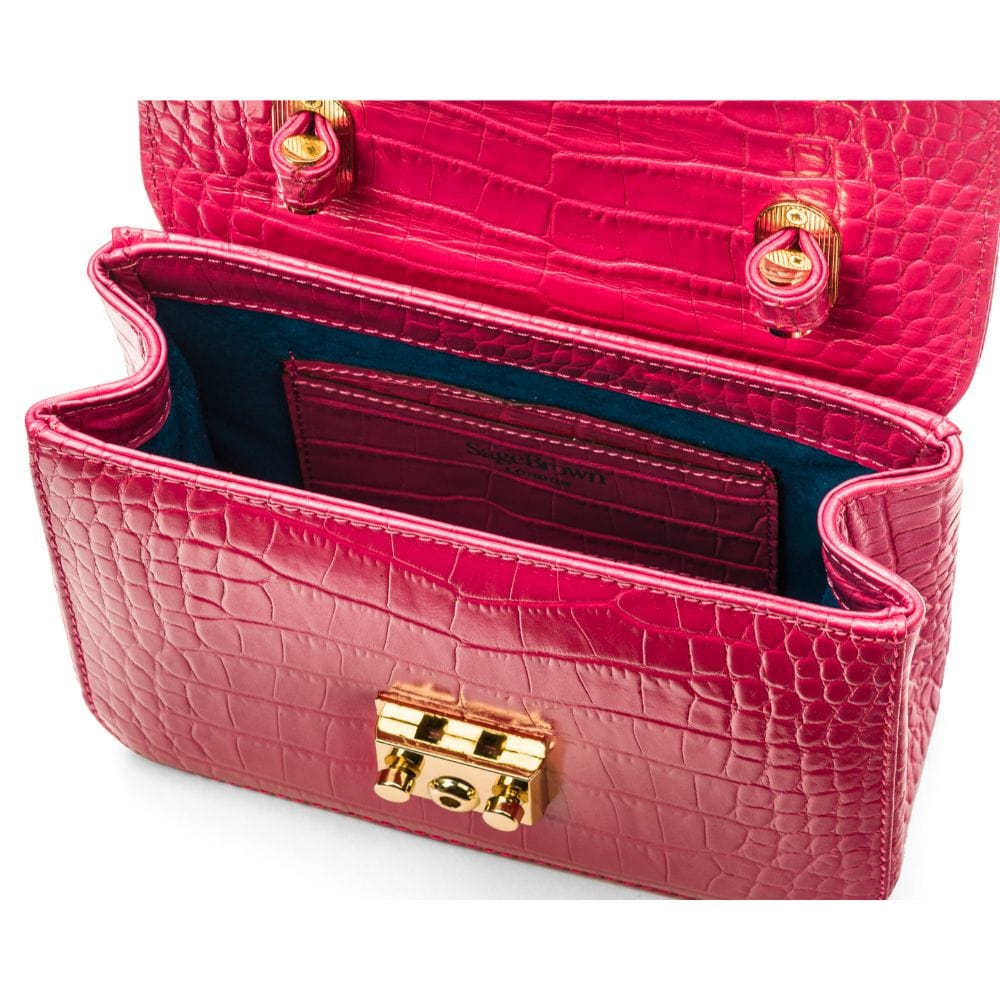 Mini top handle bag, Betty Bag, candy pink croc, inside view