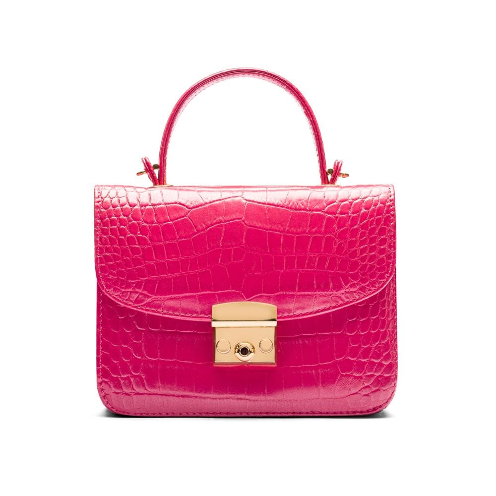 Mini top handle bag, Betty Bag, candy pink croc, front view