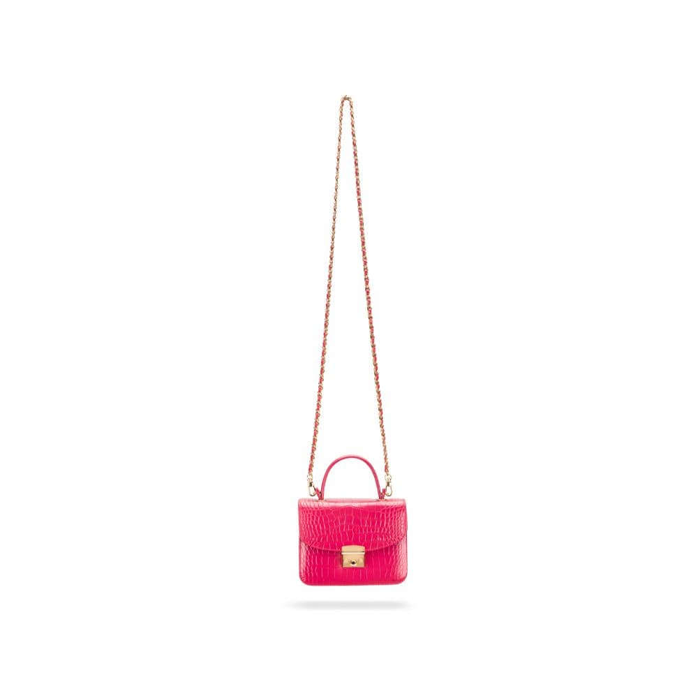 Mini top handle bag, Betty Bag, candy pink croc, with long chain strap