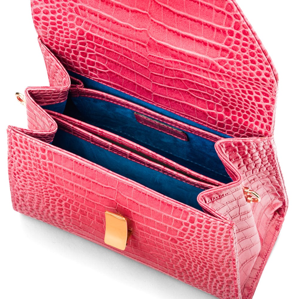 Sabrina top handle bag, candy pink croc leather, inside view