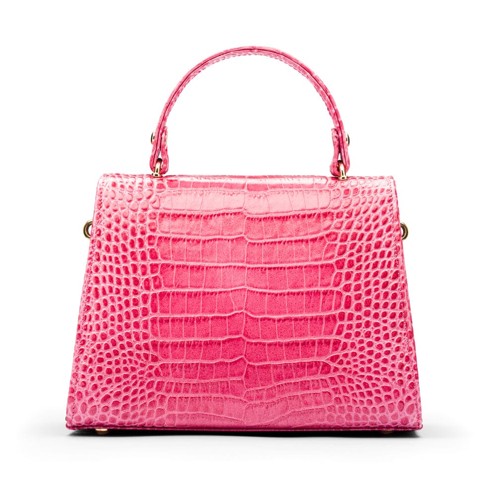 Sabrina top handle bag, candy pink croc leather, back view