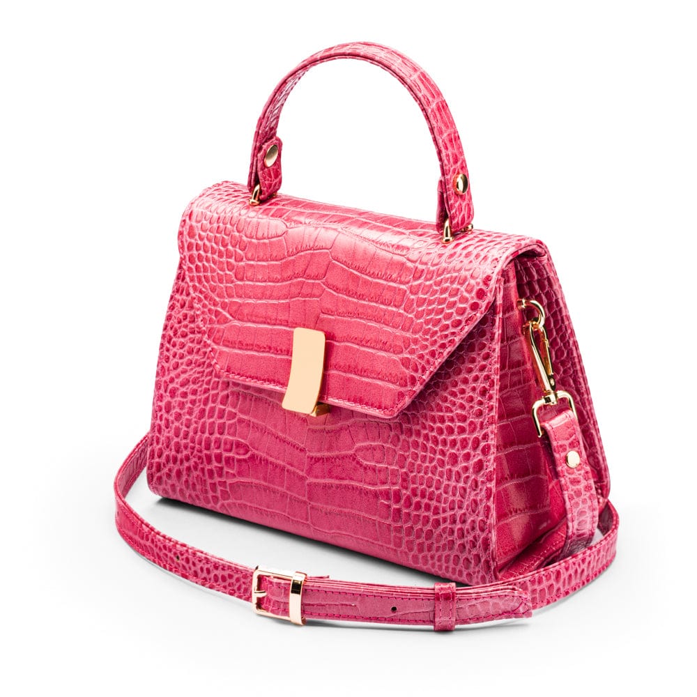 Sabrina top handle bag, candy pink croc leather, side view