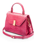 Sabrina top handle bag, candy pink croc leather, side view