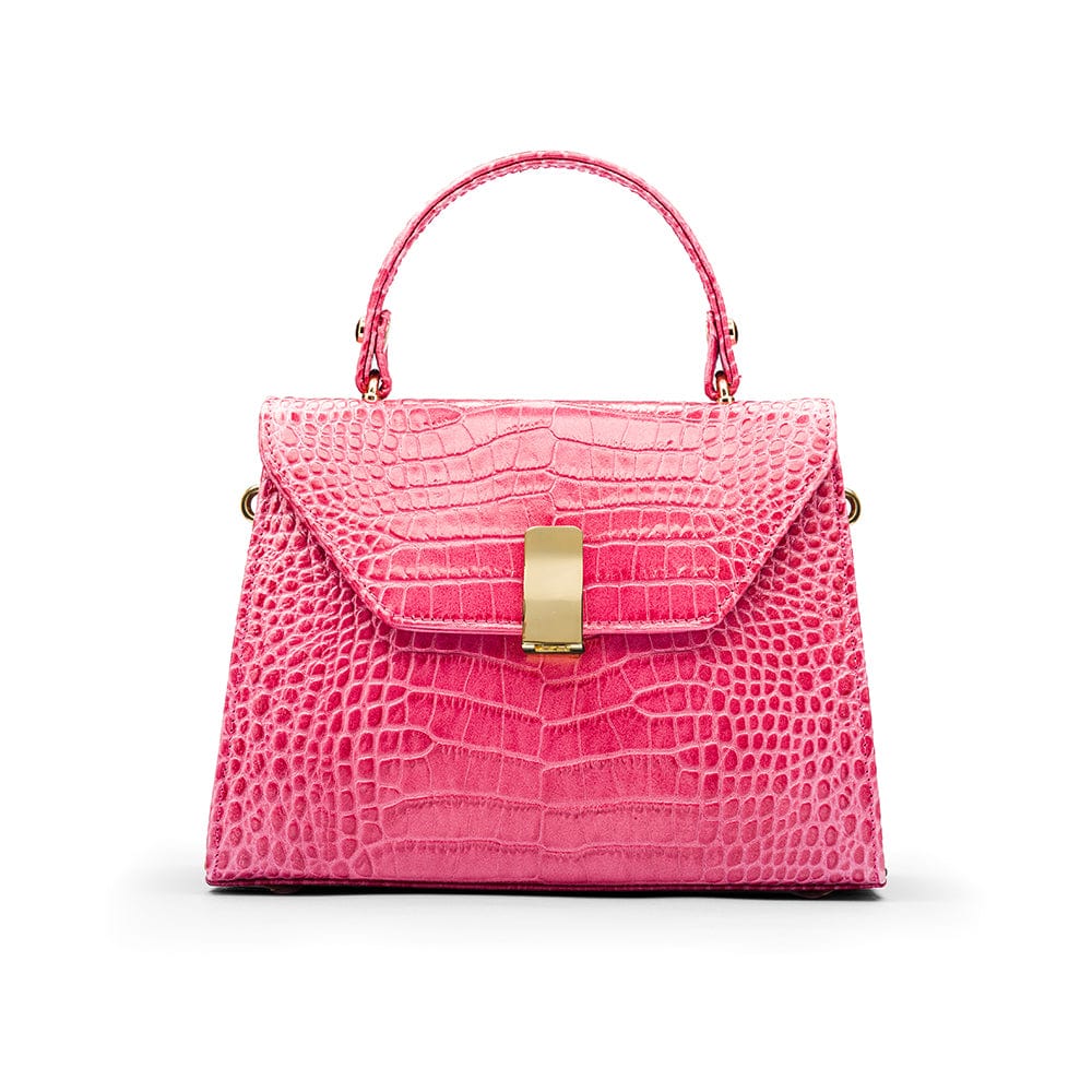 Sabrina top handle bag, candy pink croc leather, front view