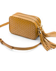 Woven leather camera bag, caramel, side