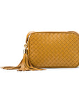 Woven leather camera bag, caramel, front