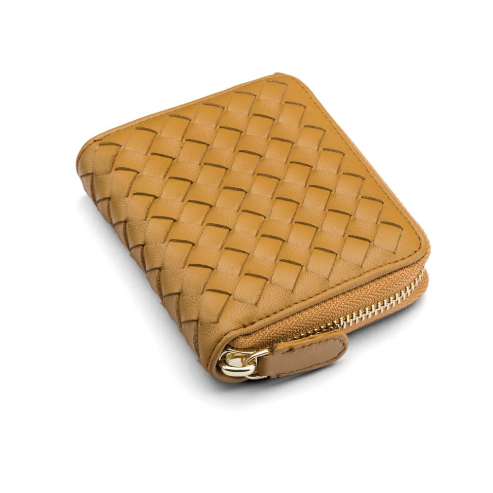 Small zip around woven leather accordion purse, caramel, front  