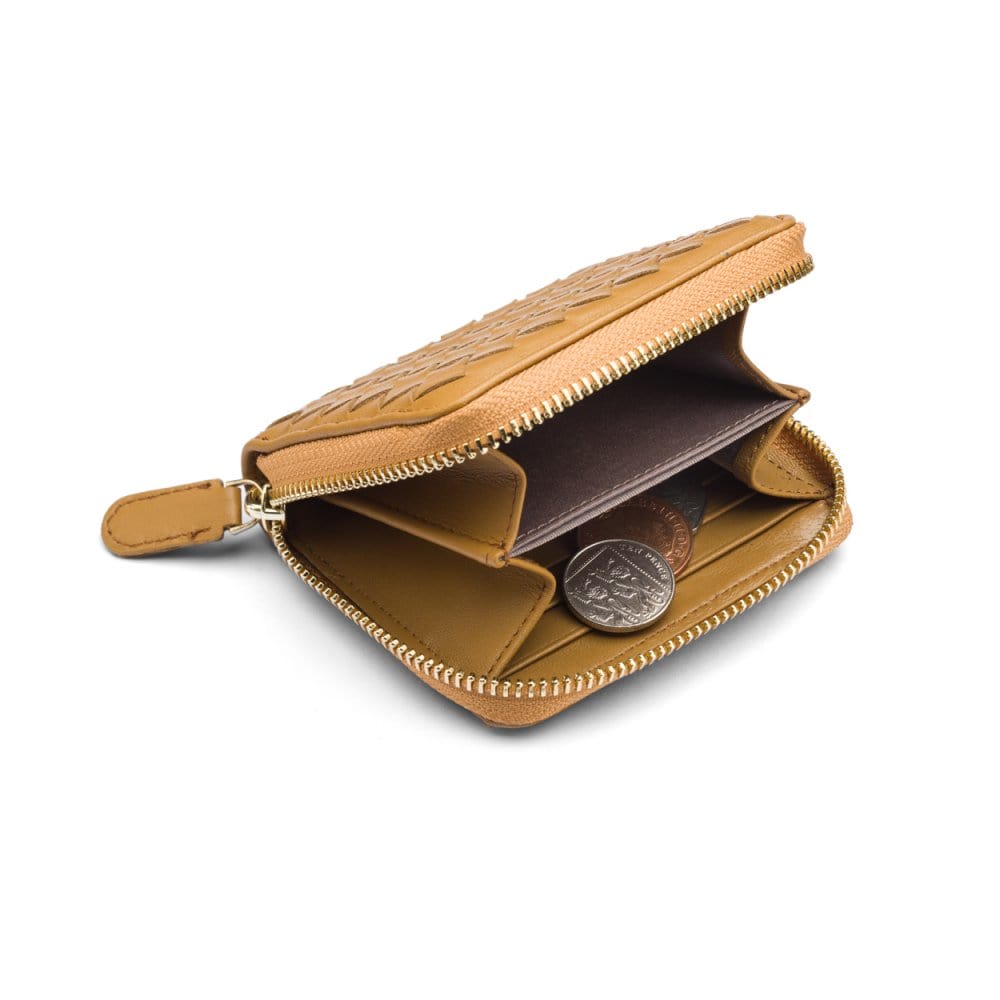 Small zip around woven leather accordion purse, caramel, open