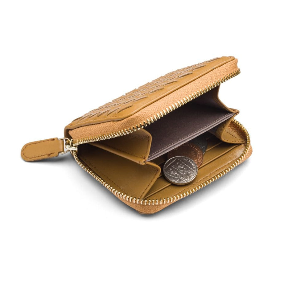 Small zip around woven leather accordion purse, caramel, open