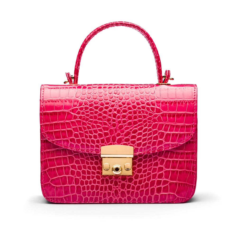 Mini Top Handle Bag, Cerise Pink Croc, front view