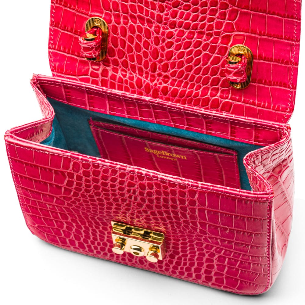 Mini Top Handle Bag, Cerise Pink Croc, inside view