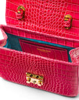 Mini Top Handle Bag, Cerise Pink Croc, inside view