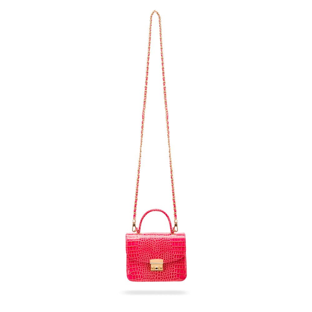 Mini Top Handle Bag, Cerise Pink Croc, chain strap