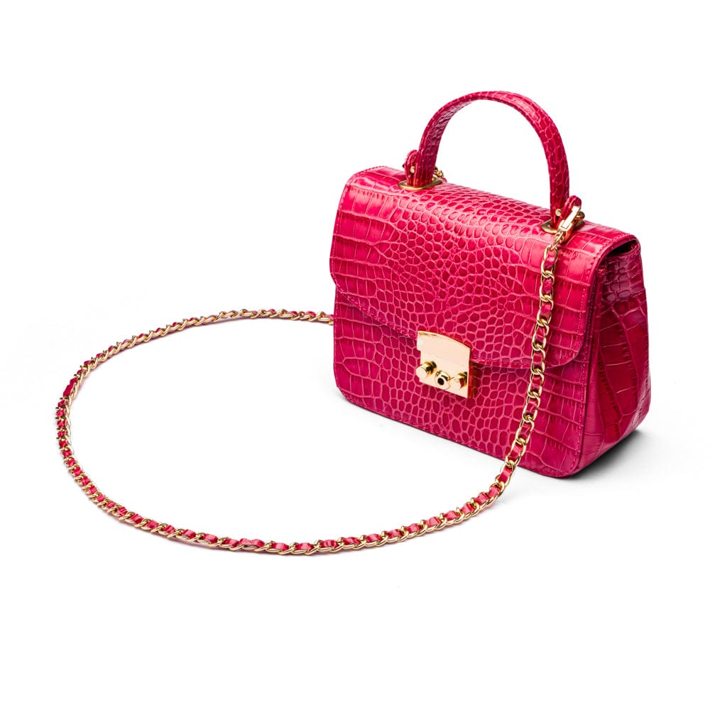 Mini Top Handle Bag, Cerise Pink Croc, side view