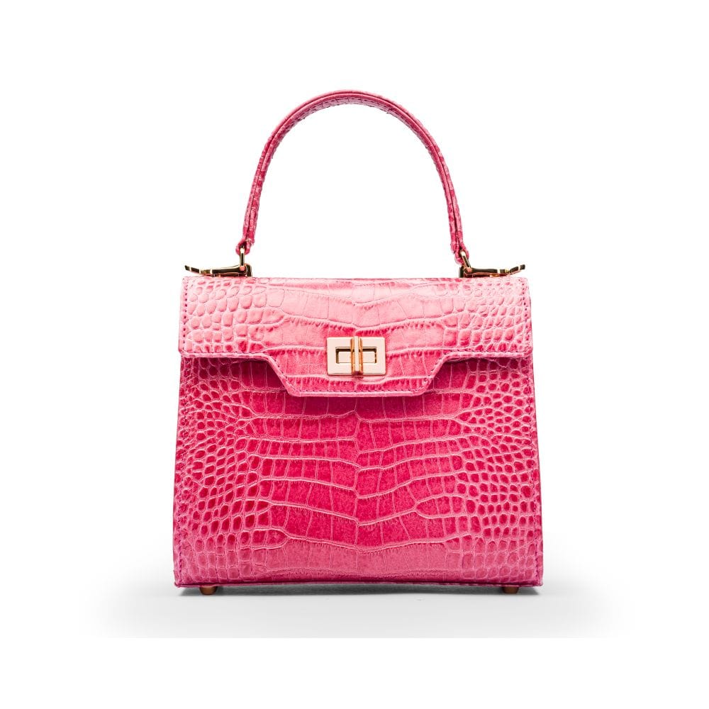 Mini leather Morgan Bag, top handle bag, pink croc, front