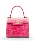 Mini leather Morgan Bag, top handle bag, pink croc, front