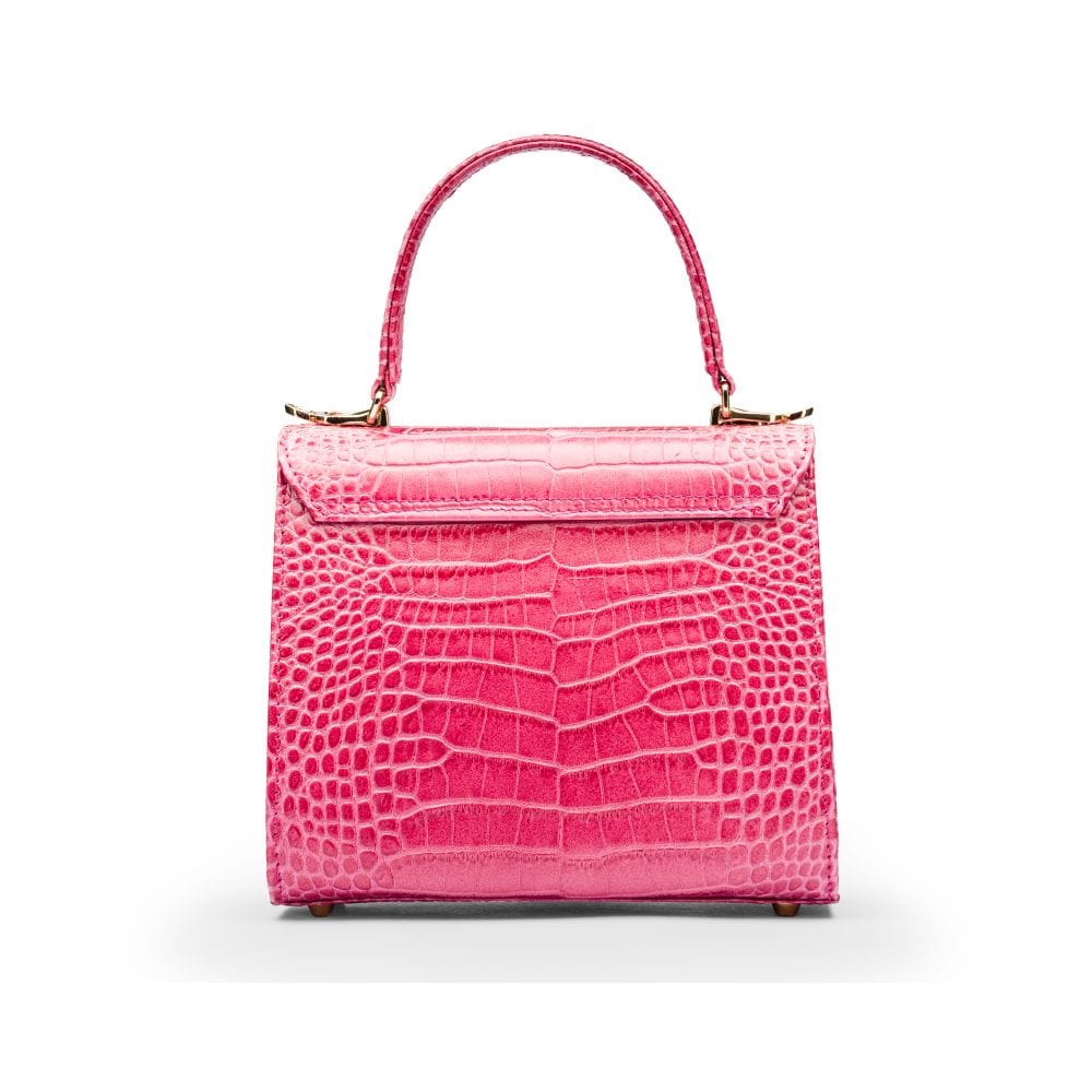 Mini leather Morgan Bag, top handle bag, pink croc, back