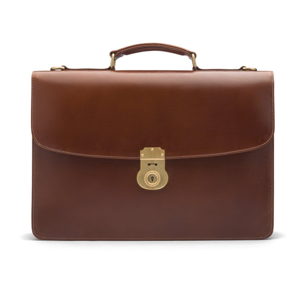Bridle hide briefcase with brass lock, Harvard, chestnut tan, front