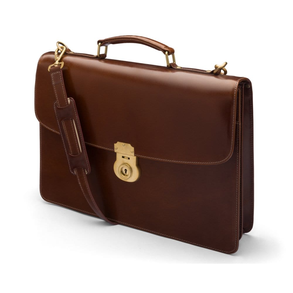 Bridle hide briefcase with brass lock, Harvard, chestnut tan, side