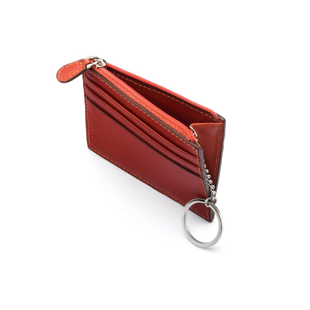 Leather card case with zip coin purse and key chain, chestnut tan, open