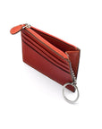 Leather card case with zip coin purse and key chain, chestnut tan, open