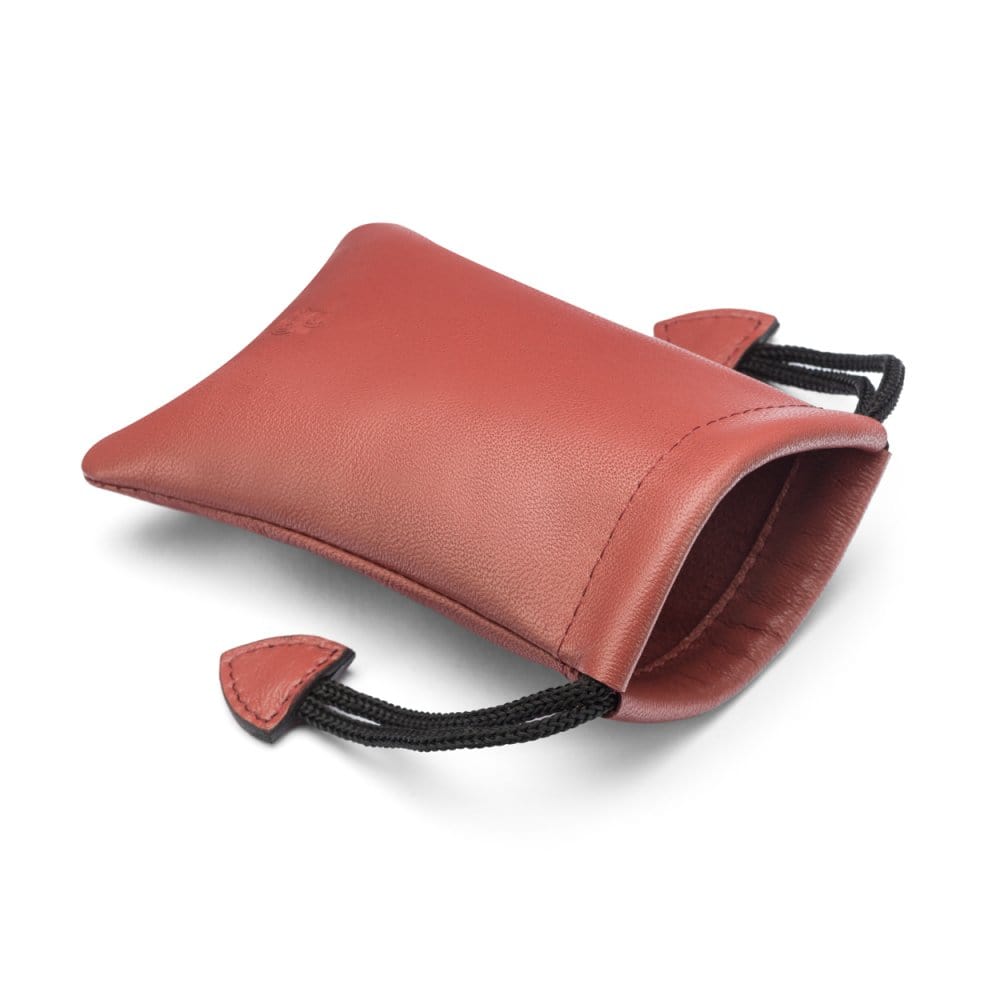 Leather drawstring coin pouch, chestnut tan, inside