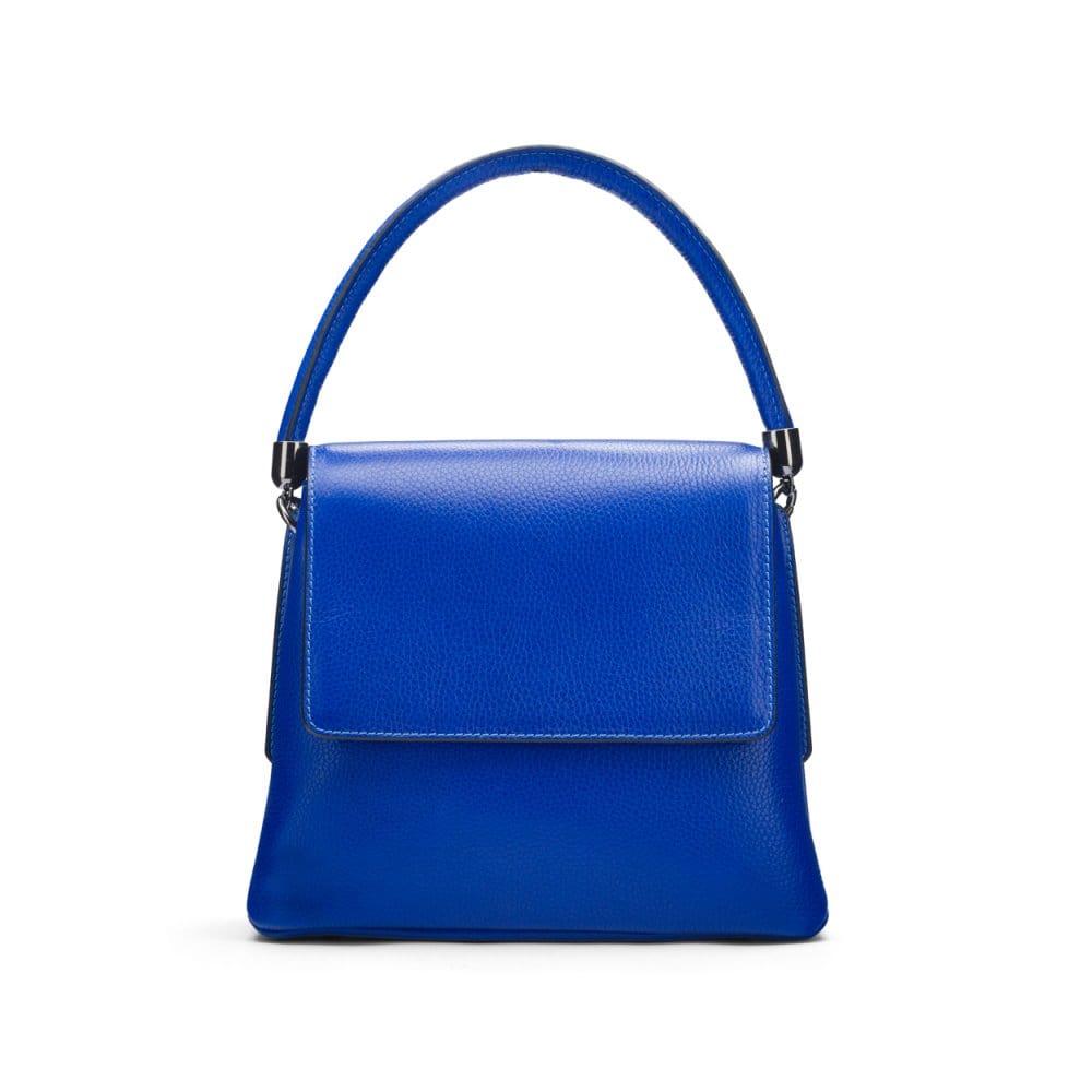 Leather handbag with flap over lid, cobalt blue, front view