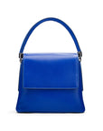 Leather handbag with flap over lid, cobalt blue, front view