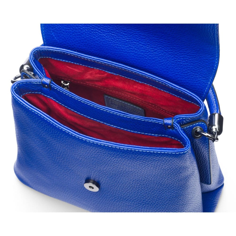 Leather handbag with flap over lid, cobalt blue, inside view