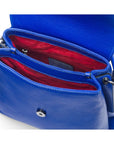 Leather handbag with flap over lid, cobalt blue, inside view