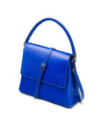 Leather handbag with flap over lid, cobalt blue, side view