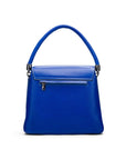 Leather handbag with flap over lid, cobalt blue, back view