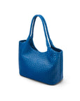 Woven leather shoulder bag, cobalt, side