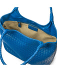 Woven leather shoulder bag, cobalt, open